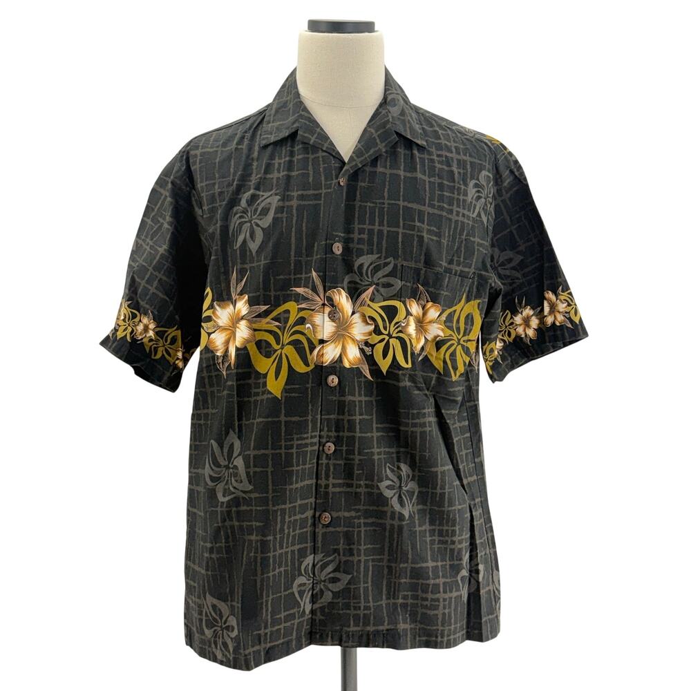Vintage 80s Hilo Hattie Men's Large Hawaiian Shirt Black Floral Cotton
